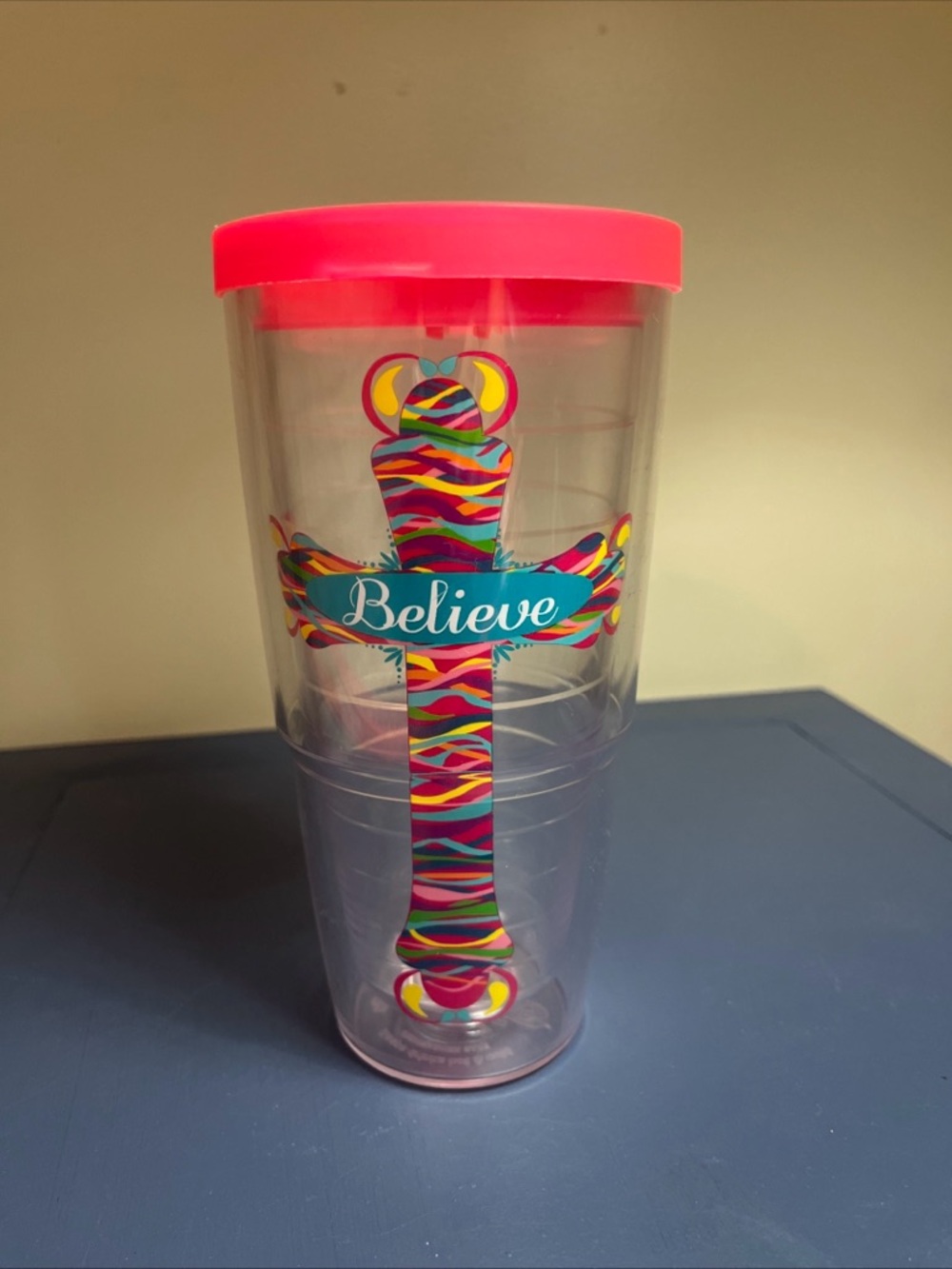 Tervis Tumbler “Believe” 24 oz Pink Lid Acrylic Tumbler - Colorful Cross Design
